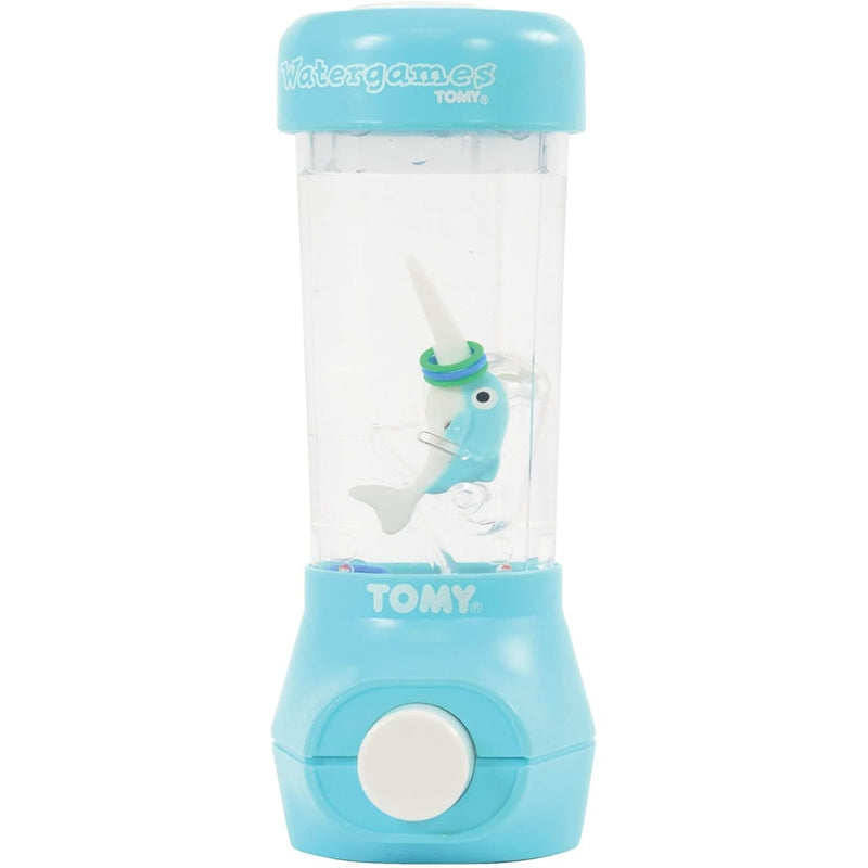 TOMY Watergames handheld water toy with clear cylinder containing floating unicorn game piece
