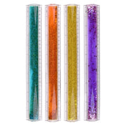 Four 12-inch sensory water glitter rulers with teal, orange, yellow, and purple liquid glitter