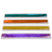 Four 12-inch sensory rulers with colored glitter liquid in clear plastic cases