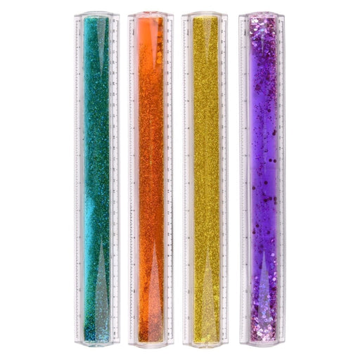 Four 12-inch sensory water glitter rulers with teal, orange, yellow, and purple liquid glitter