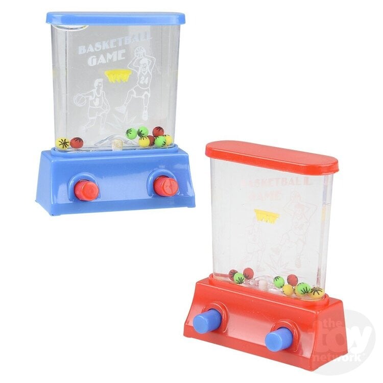 Two handheld water basketball games with clear chambers and colorful balls inside