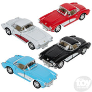 Four 5-inch 1957 Chevrolet Corvette die-cast model cars in red, silver, black, and blue colors