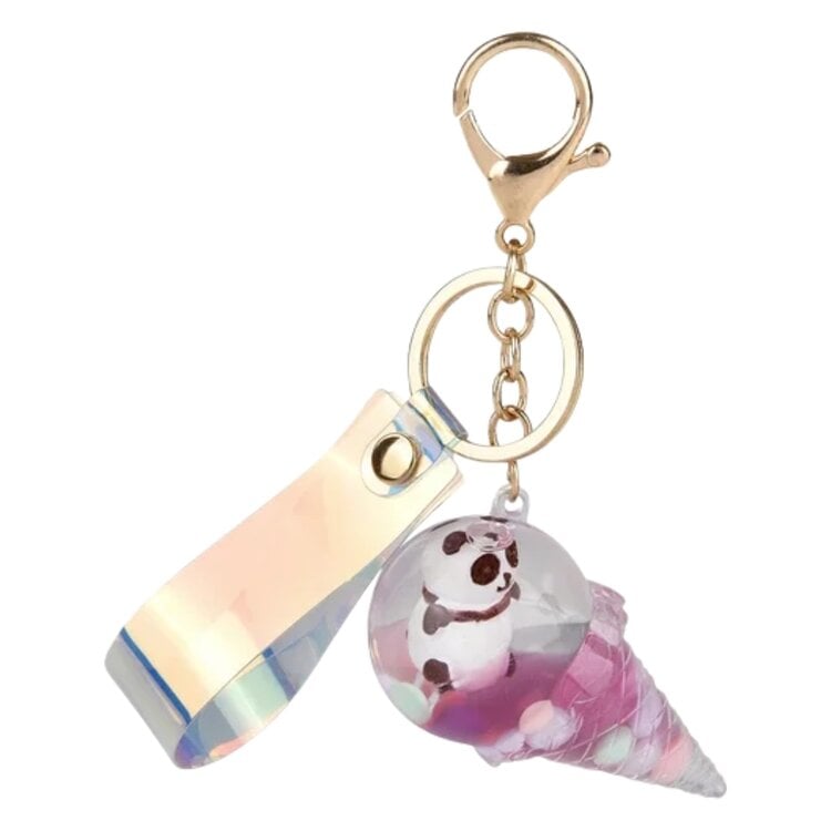 Kawaii panda ice cream cone keychain with holographic strap and lobster clasp