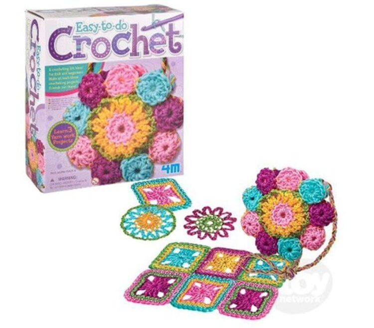 Easy-to-do Crochet kit by 4M showing colorful crocheted squares and flowers with packaging