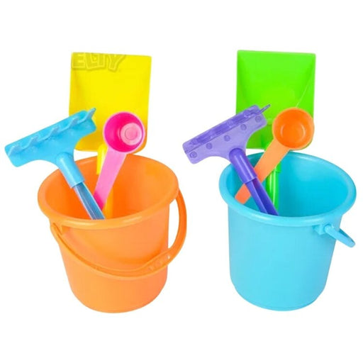 Two colorful plastic beach play sets with buckets, water guns, and sand tools