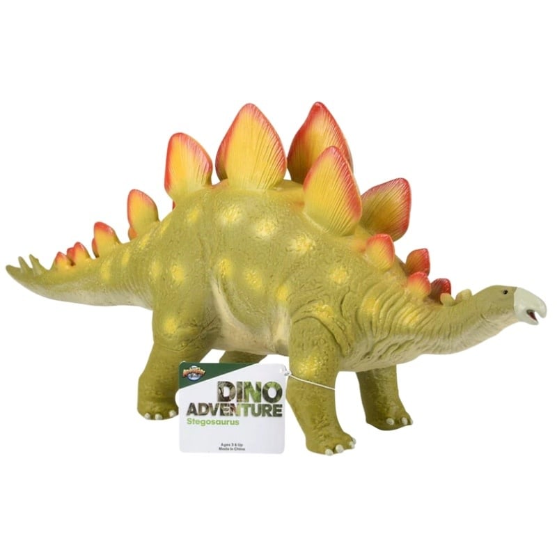 Green Stegosaurus dinosaur toy with orange-red back plates and brand tag
