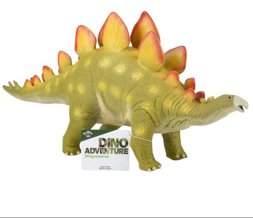Green Stegosaurus dinosaur toy with orange-red back plates and brand tag