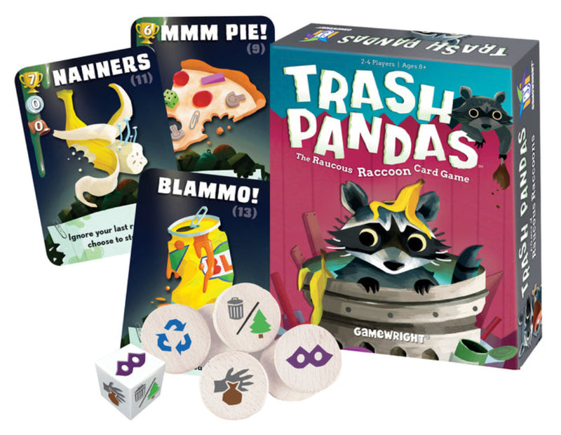 Trash Pandas card game by Gamewright showing box, cards, dice, and tokens