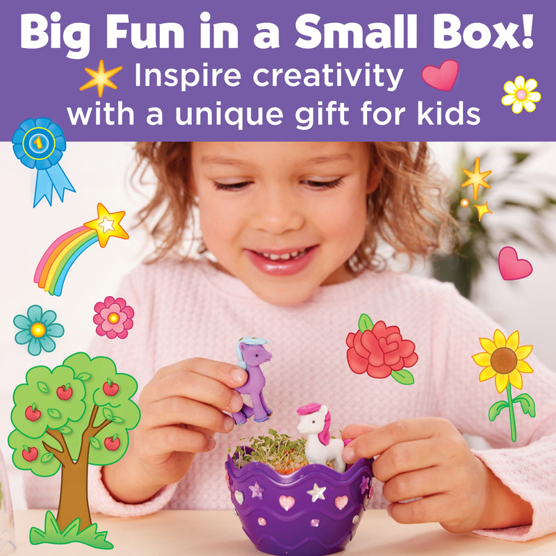 Child playing with Mini Garden Pony in purple planter with unicorn and sprouts