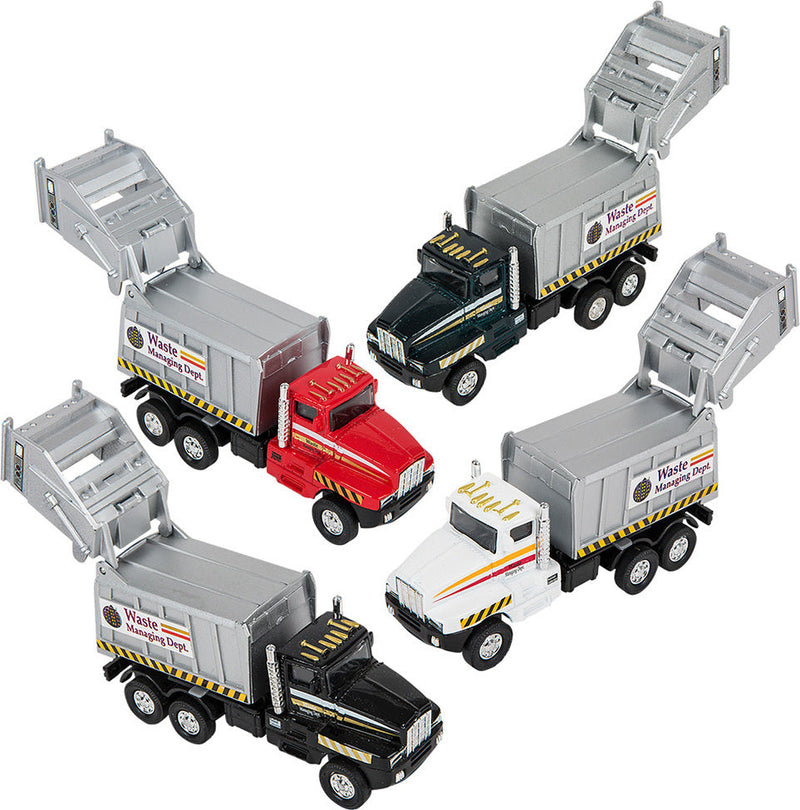 Four die cast waste management trucks with functional dumper mechanisms displayed