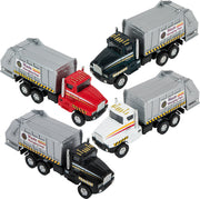 Five die cast sanitation trucks with Waste Managing Dept labels in various colors