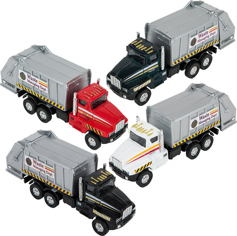 Five die cast sanitation trucks with Waste Managing Dept labels in various colors