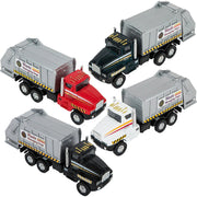 Five die cast sanitation trucks with Waste Managing Dept labels in various colors