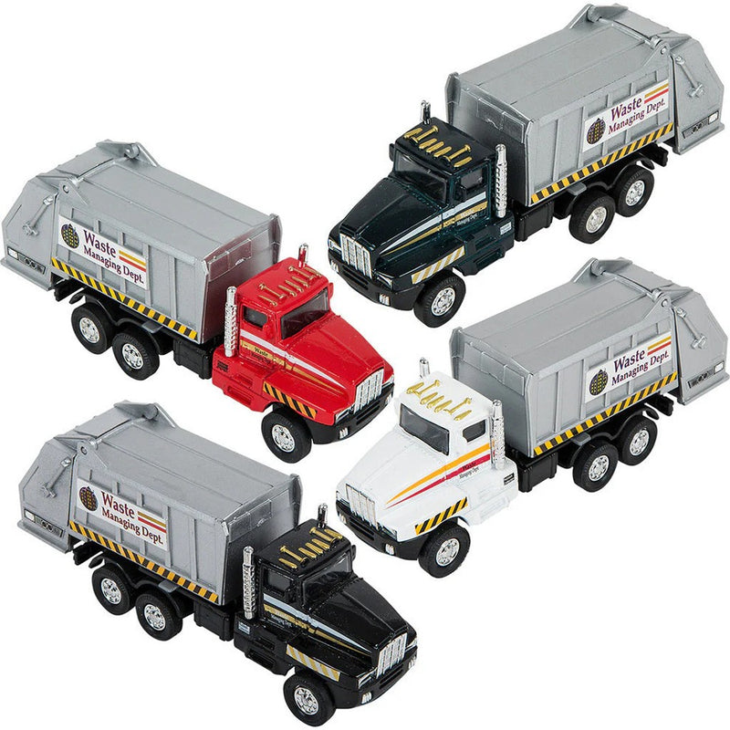 Five die cast sanitation trucks with Waste Managing Dept labels in various colors