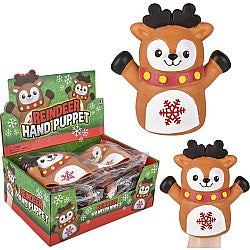 Brown reindeer hand puppet with antlers displayed next to retail packaging box