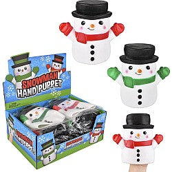 Snowman hand puppets with black hats and colorful mittens displayed with retail packaging box