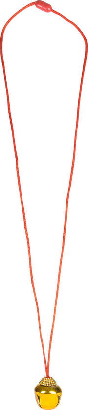 Yellow jingle bell necklace with red cord and clasp on white background