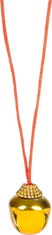 Gold jingle bell necklace with red cord on white background
