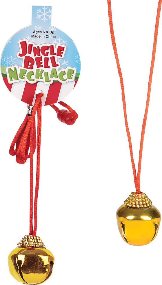 Jingle Bell Necklace with gold bells on red cord and retail packaging