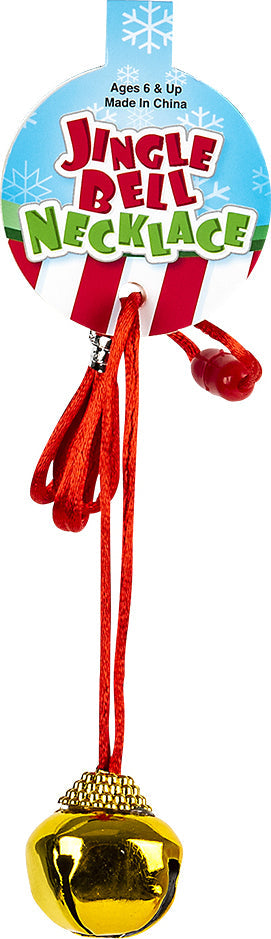 Jingle Bell Necklace with red cord and gold bell on white background