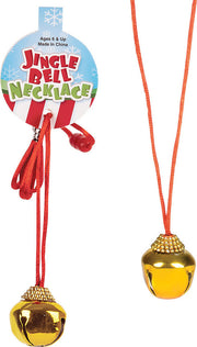 Jingle Bell Necklace with gold bells on red cord showing product packaging