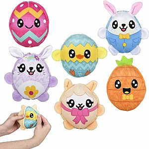 Collection of six colorful Easter-themed reversible plush toys with cute animal faces