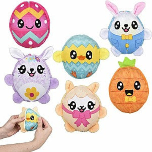 Collection of six colorful Easter-themed reversible plush toys with cute animal faces