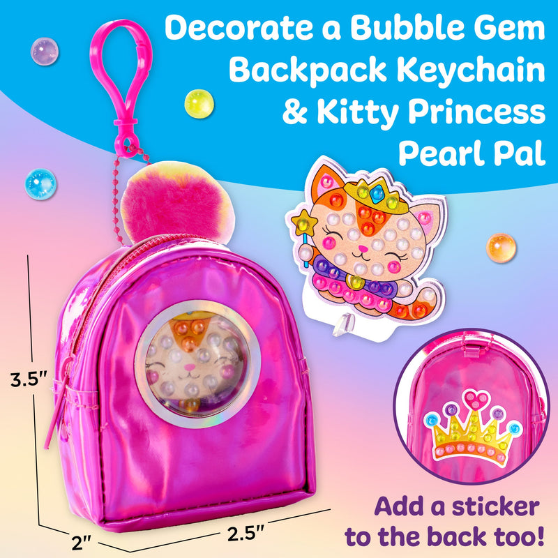 Pink miniature backpack keychain with bubble gem window and decorative cat princess sticker