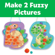 Two dinosaur-shaped foam boards decorated with colorful pom poms and googly eyes