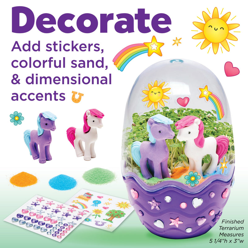 Mini Garden Pony terrarium kit with unicorn figures, decorative stickers, and colorful sand