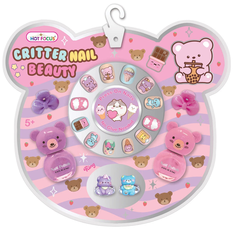 Hot Focus Critter Nail Beauty set with press-on nails and nail polish in bear-shaped packaging.
