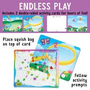 Sensory squish bag with butterfly garden theme showing activity cards and gel-filled play mat