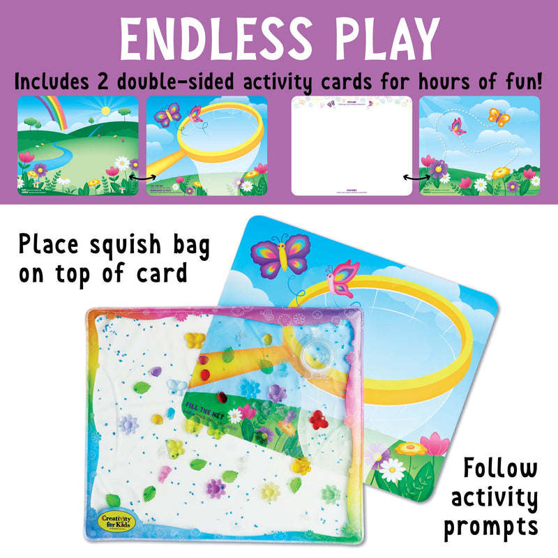 Sensory squish bag with butterfly garden theme showing activity cards and gel-filled play mat