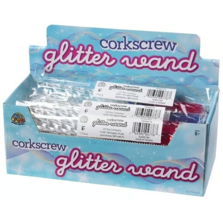 Display box of corkscrew glitter wands showing multiple packaged spiral wands with glitter