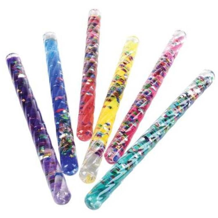 Six colorful corkscrew glitter wands with liquid and glitter in clear tubes