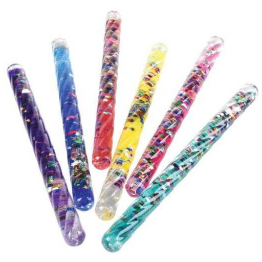 Six colorful corkscrew glitter wands with swirled glitter in purple, blue, red, yellow, pink, and green