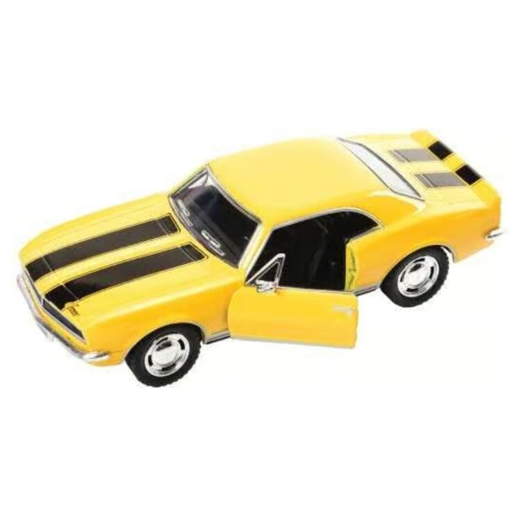 Yellow diecast 1967 Chevrolet Camaro Z28 model car with black racing stripes and open door