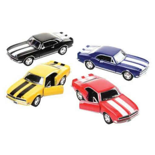 Four diecast 1967 Chevrolet Camaro Z28 model cars in different colors with racing stripes