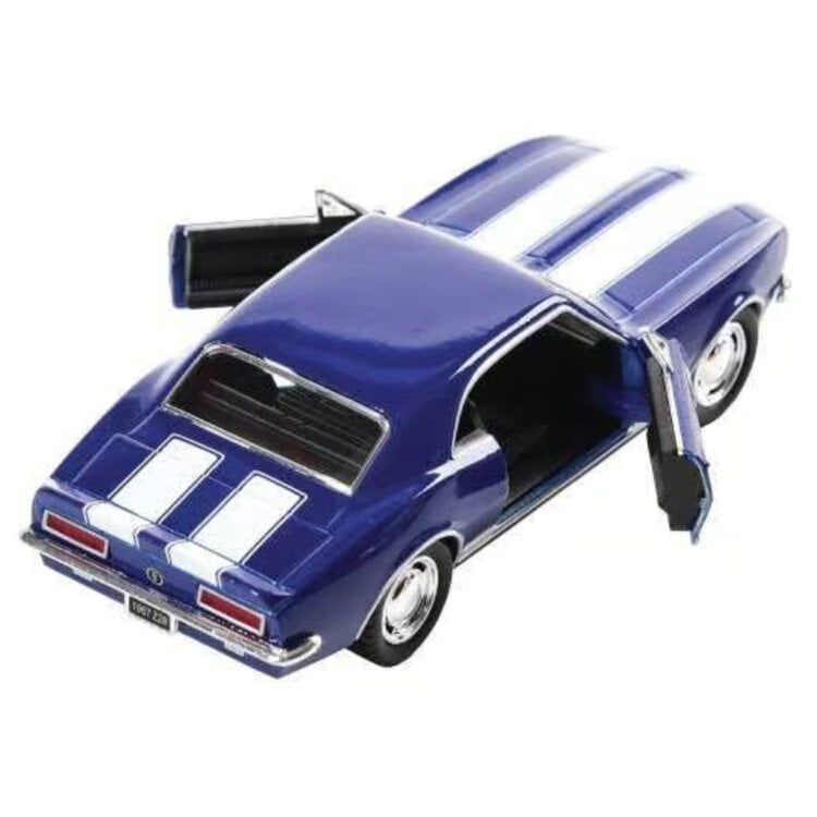Blue 1967 Chevrolet Camaro Z28 diecast model with white racing stripes and open doors