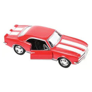Red diecast 1967 Chevrolet Camaro Z28 model car with white racing stripes and open door