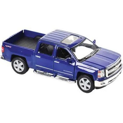 Blue diecast 2014 Chevrolet Silverado pickup truck model on white background