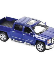 Blue diecast model 2014 Chevrolet Silverado pickup truck on white background