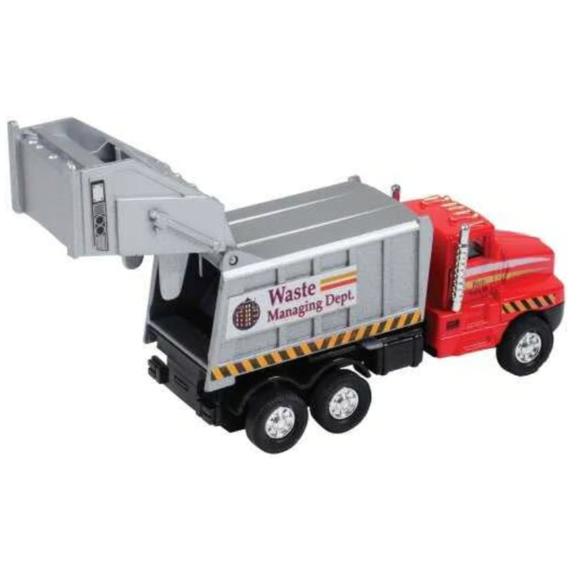 Red and gray diecast garbage truck toy with waste management department decals