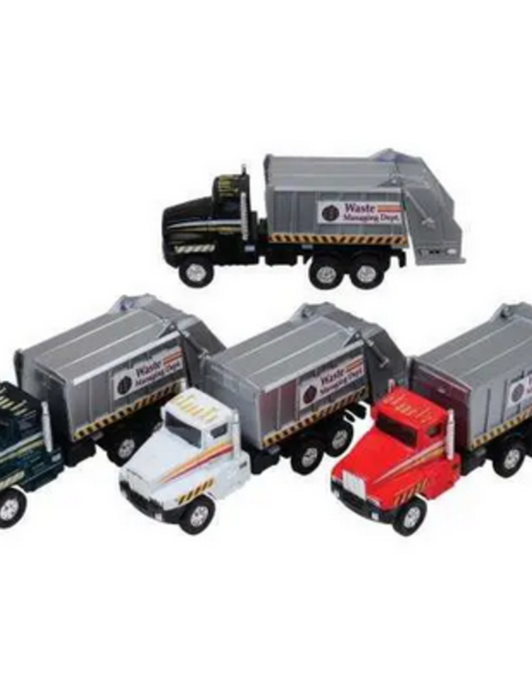 Collection of diecast garbage trucks in various colors with waste management branding