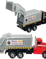 Two diecast garbage trucks with Waste Managing Dept. branding shown from different angles