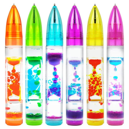 Six colorful liquid motion pens with floating oil and bubbles in clear chambers