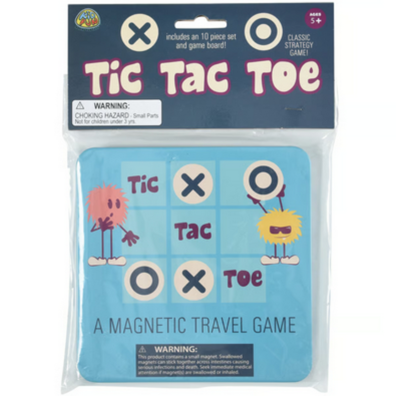 Magnetic Tic-Tac-Toe travel game package with blue game board and cartoon characters.