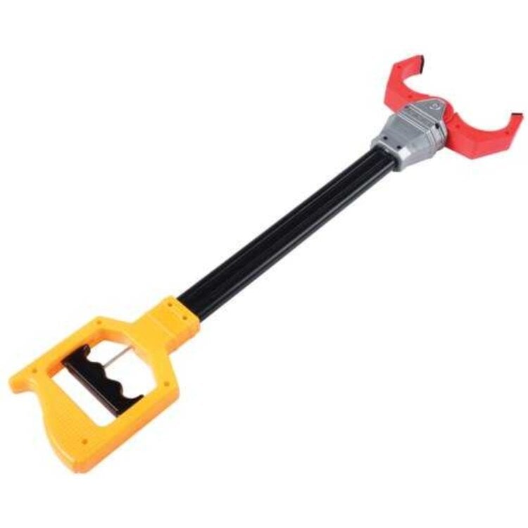Toy robot claw grabber with yellow handle, black shaft, and red claw end