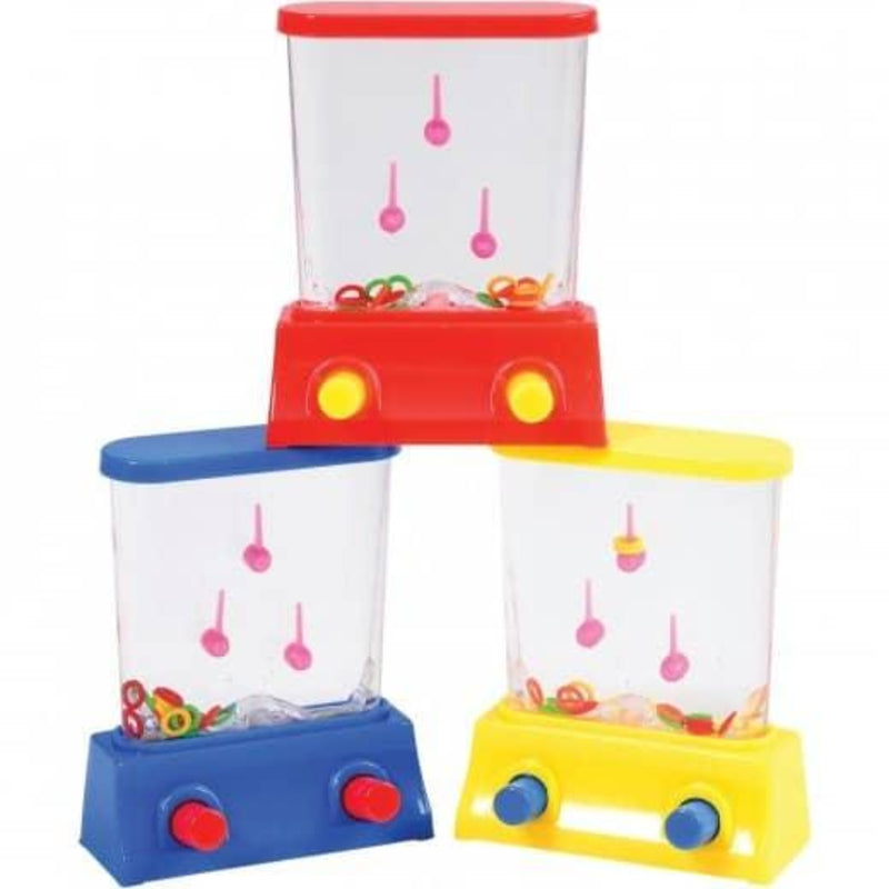 Three mini handheld water ring toss games in red, blue, and yellow colors