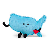 Blue plush toy shaped like United States map with cute face and heart